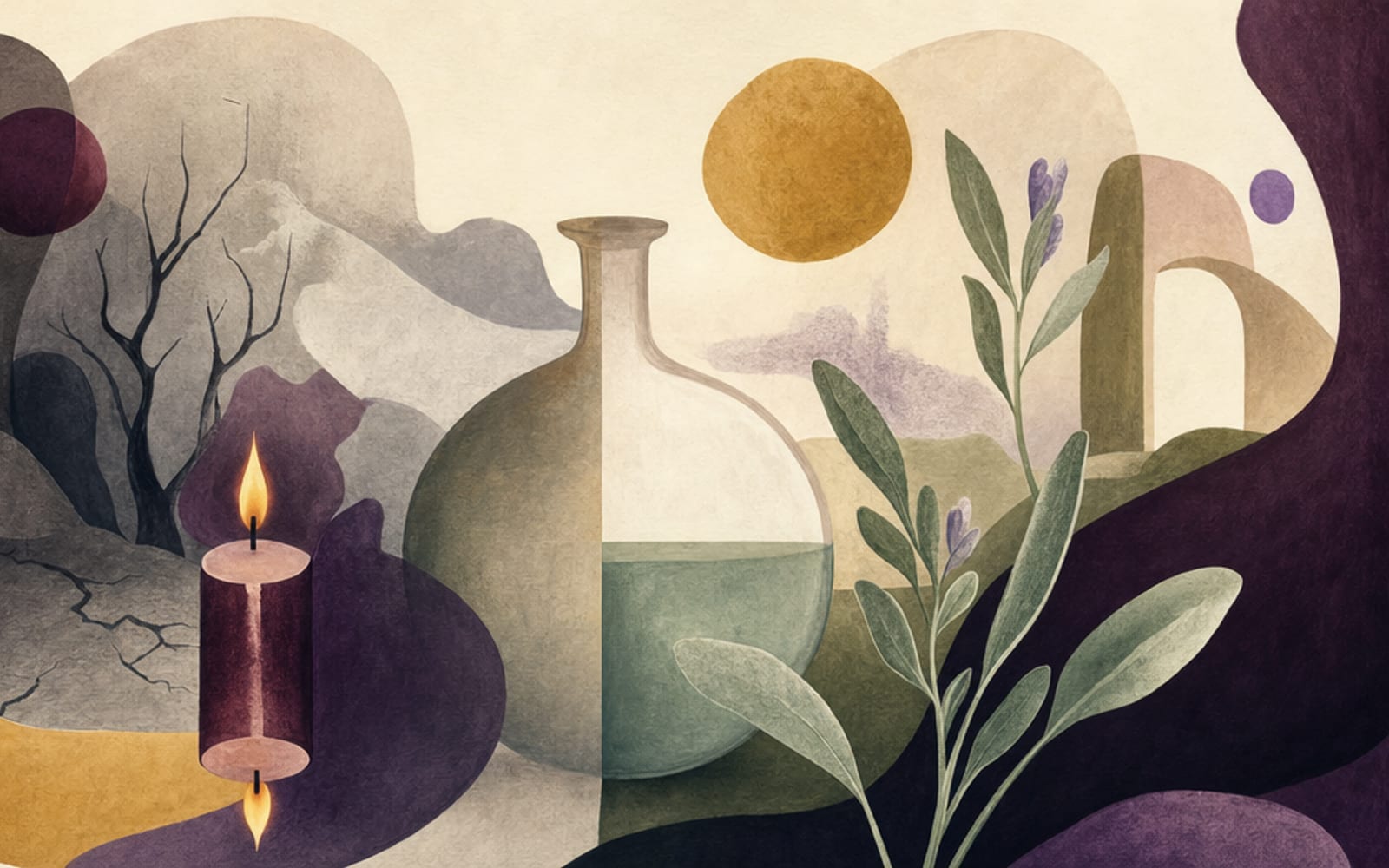 Illustration einer Kerze, die an beiden Enden brennt, neben einer vollen Wassergefäßform, eine graue und eine ergrünende Feldhälfte in Weinrot und Salbei