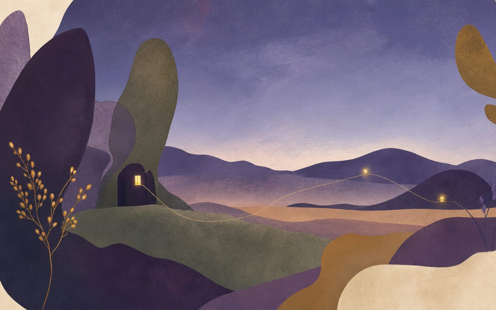 Illustration eines einzelnen erleuchteten Fensters in einer weiten Abendlandschaft, dem zwei ferne Lichtpunkte folgen, verbunden durch einen Faden in Periwinkeldämmerung und warmem Gold