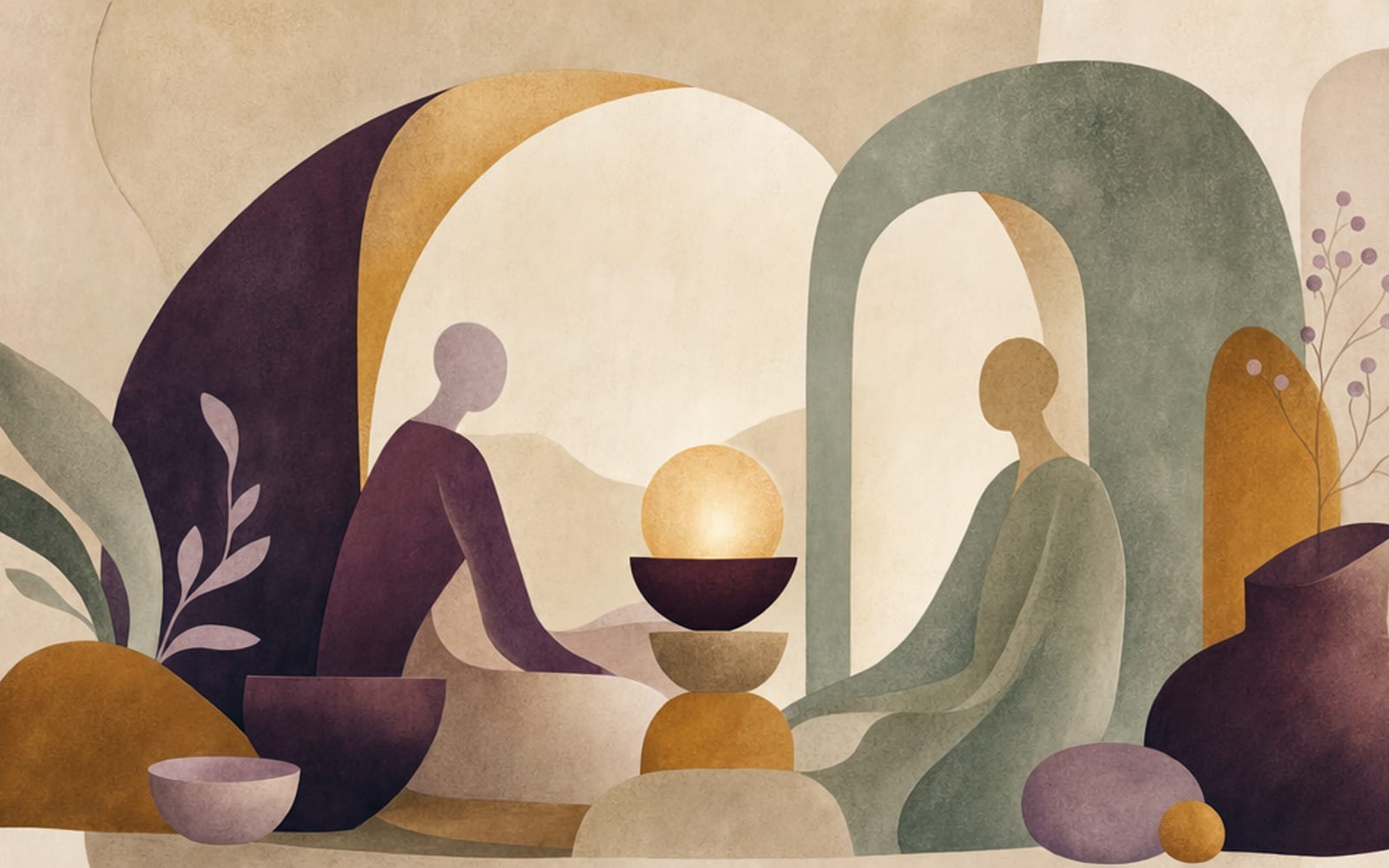 Illustration zweier stilisierter Figuren im behutsamen Dialog, umgeben von schützenden Bogenformen und warmen Erdtönen in Sand, Ocker und Pflaume auf Elfenbein