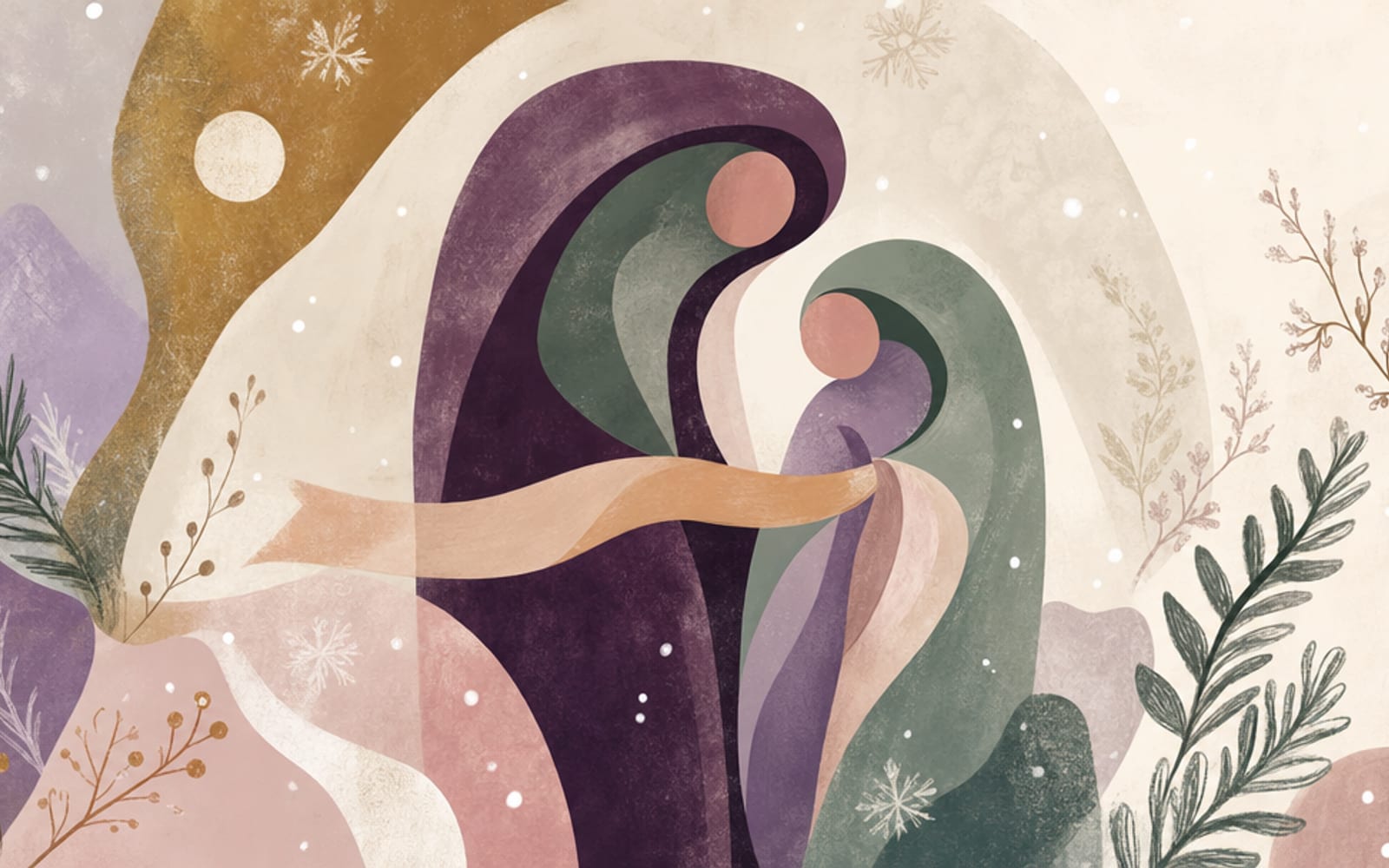 Illustration zweier verschachtelter Schutzformen als Figuren durch ein Feld aus weichen Schneeflocken und immergrünen Zweigen, verbunden durch warme Bänder in Rosé und Salbei