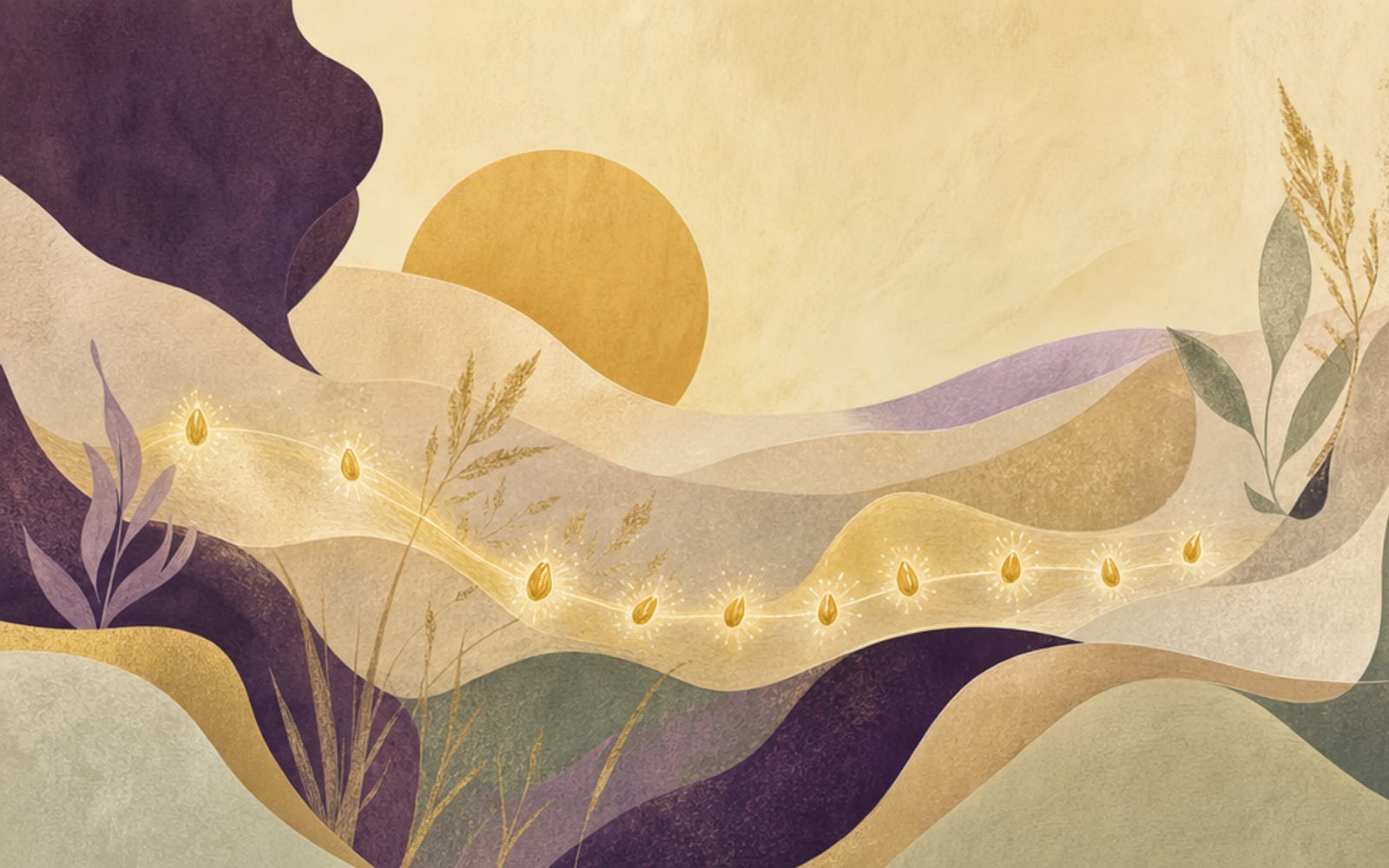 Illustration von zehn leuchtenden Samen entlang eines fließenden Bandes über einem Morgenfeld in Gold- und Sandtönen