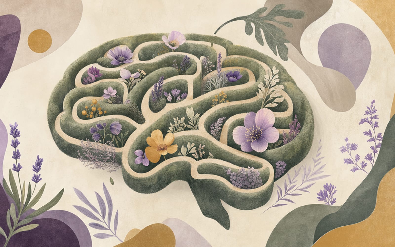 Illustration eines Gartens in Form weicher Heckenreihen mit blühenden Blüten entlang eines Wegs, in Lavendel- und Salbeitönen