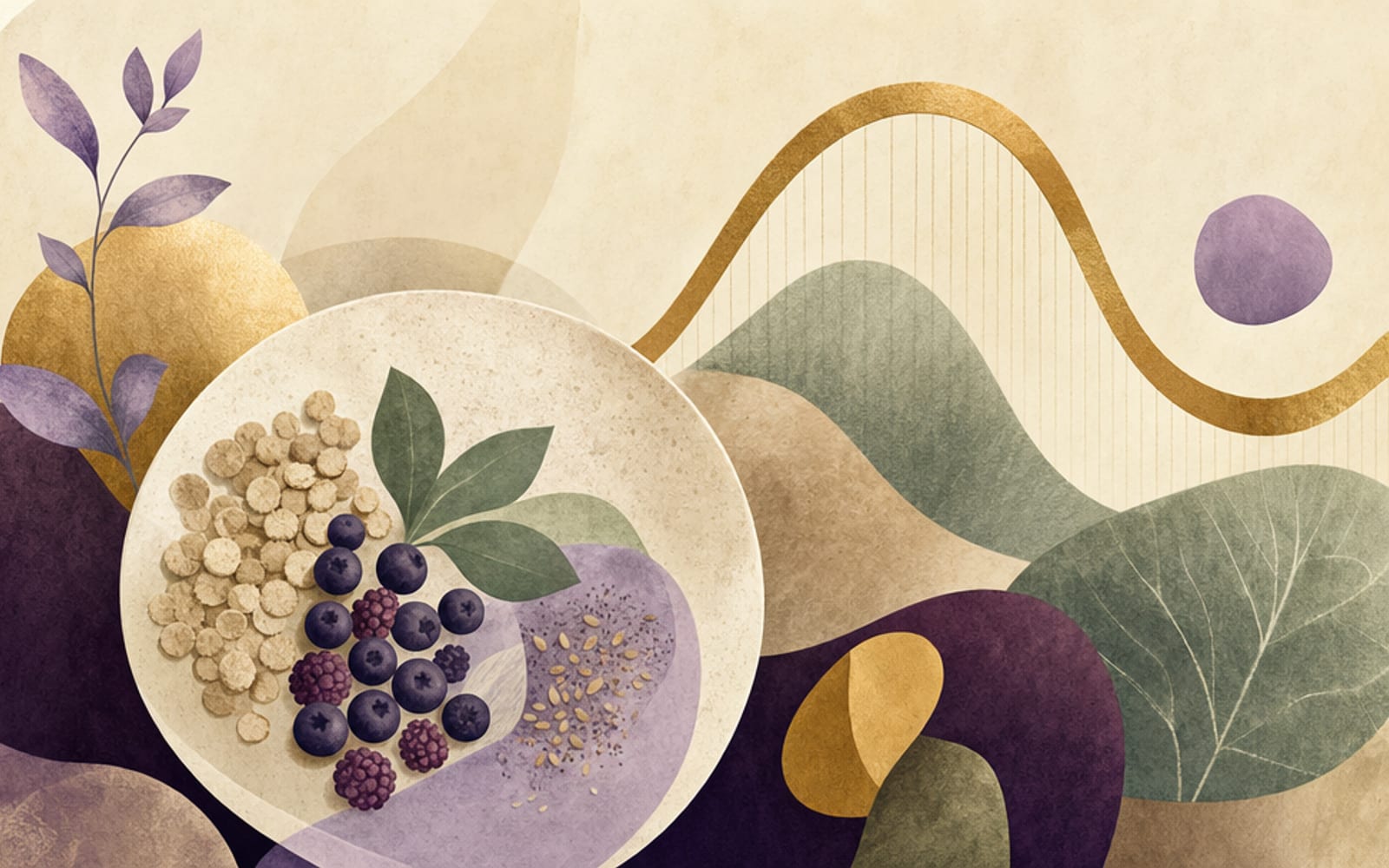 Illustration eines Frühstücktellers mit ausgewogenen Portionen aus Getreidekreisen, Beerentupfern und Blattformen, dahinter eine sanfte Blutzuckerkurve in Gold und Salbei