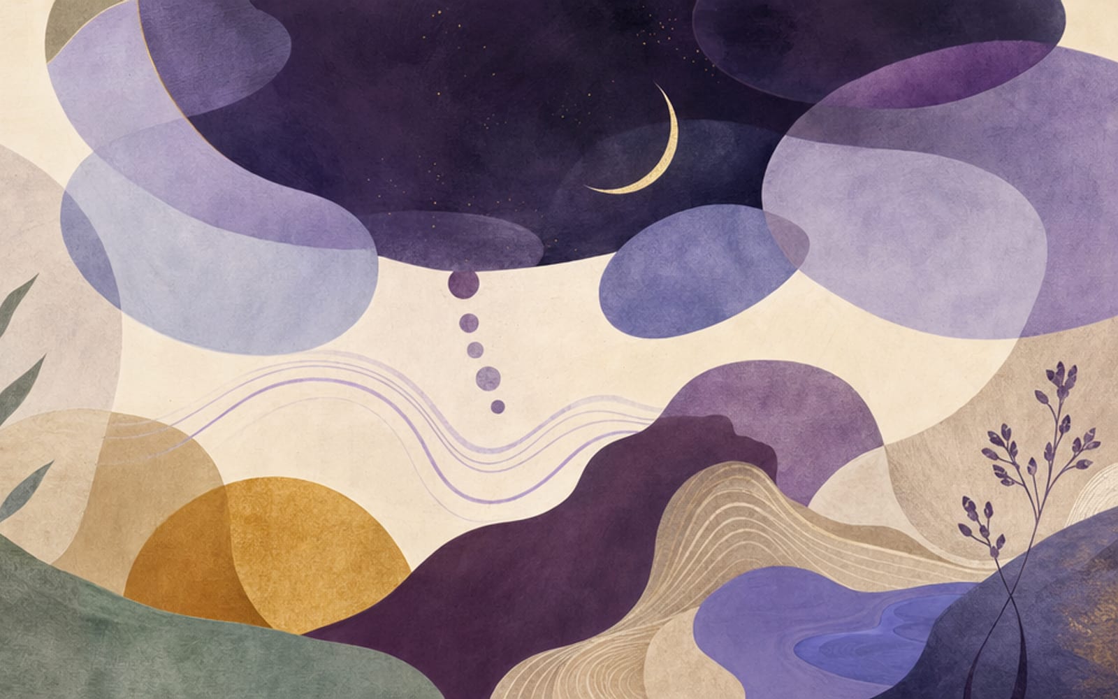 Illustration eines dunklen Nachthimmels, der in weiche Wolkenformen übergeht, mit Mond-Sichel und Atemwellen in Periwinkel und Lavendel