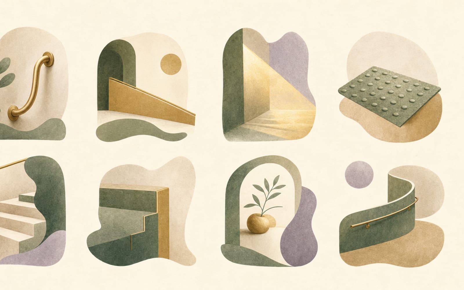Illustration acht kleiner architektonischer Maßnahmen als freundliche geometrische Symbole in einem Raster: Griffbogen, Rampe, Lichtkegel, Trittschicht und Treppenkante in Salbei und Gold